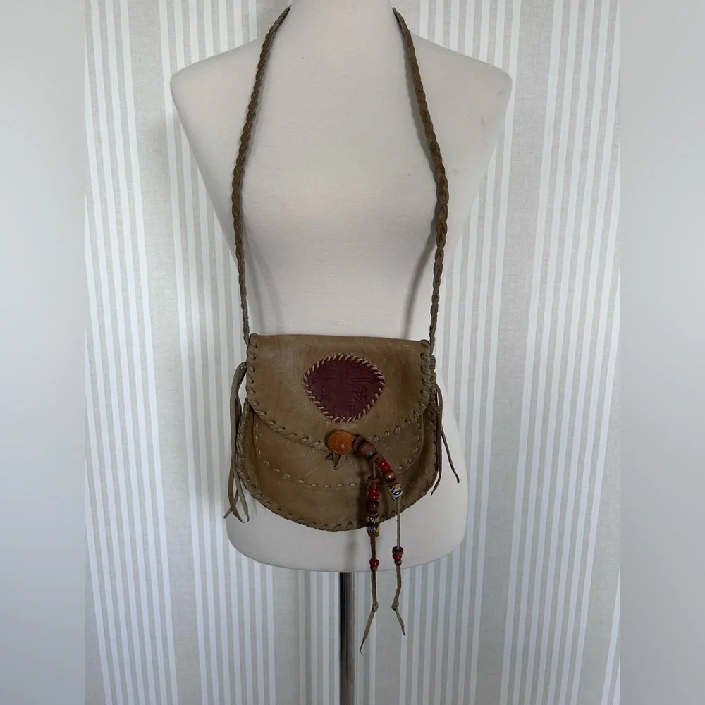Vintage 70s Southwest Green Leather Crossbody Bag Hand Tooled Braided Handle